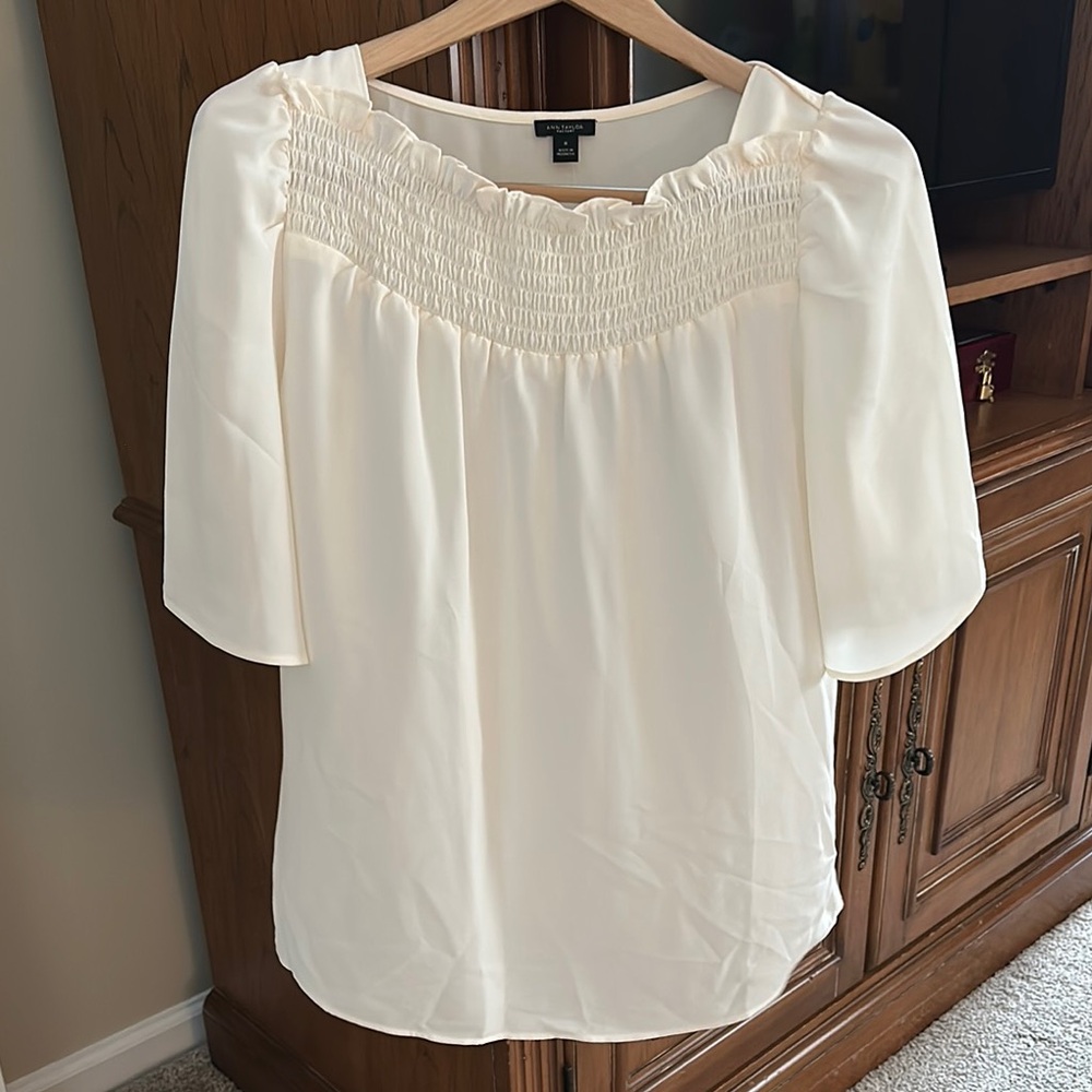 Ann Taylor Factory Cream Smocked Bib Collar Blouse